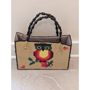 Vtg Needlepoint Tote Bag Tan Owl Bird Butterfly Bee Beaded Handle Grandmacore